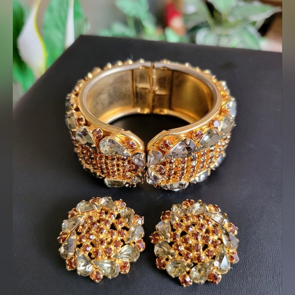 Wide Glitzy Vintage Rhinestone Hinged Clamper Bracelet